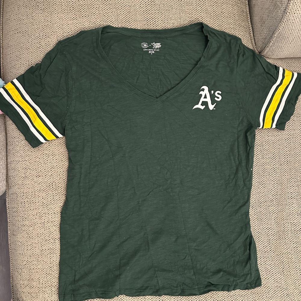 A's Green Short Sleeve Tee with Striped Sleeves
